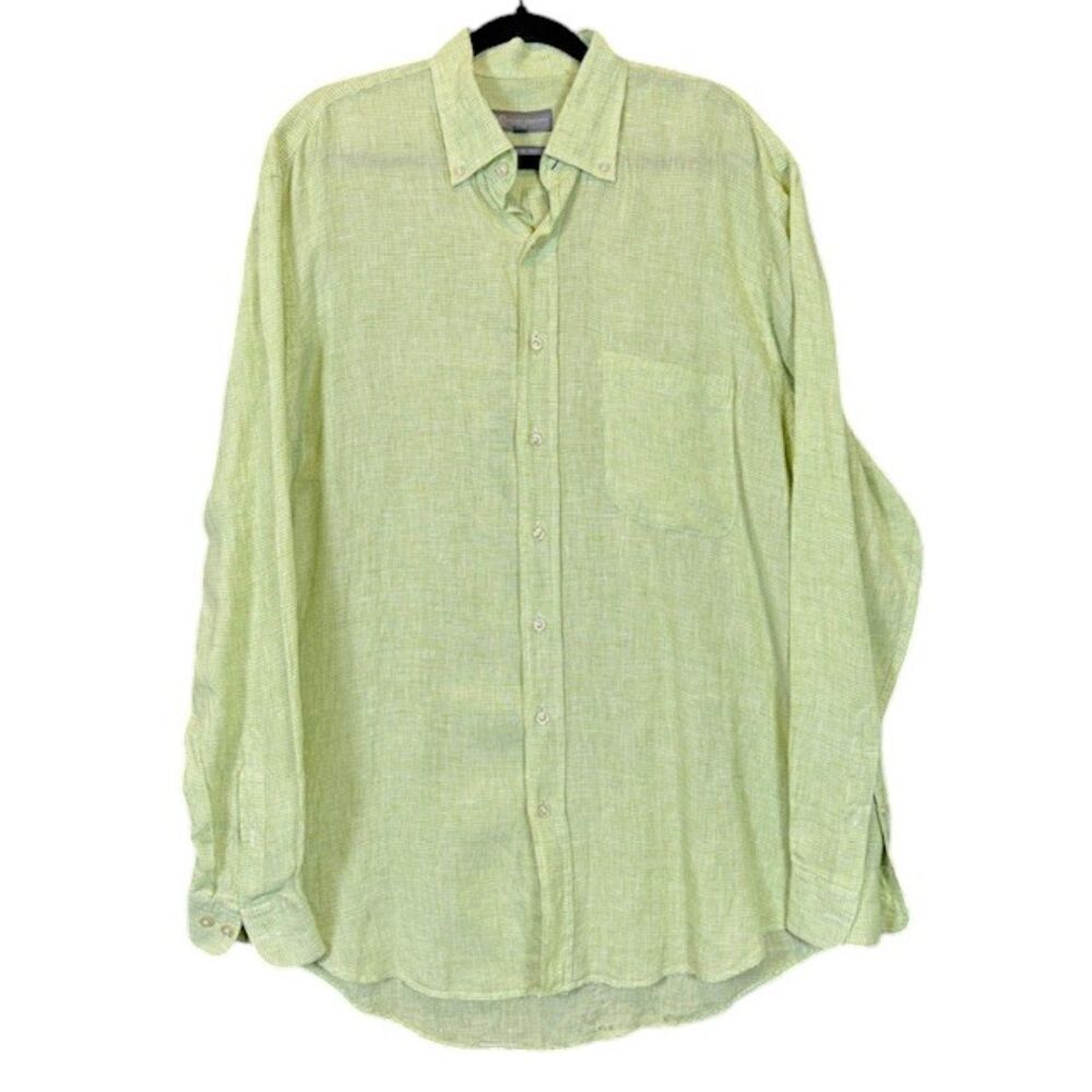 Hickey Freeman Linen Italian Shirt Button Front Green White Size Large